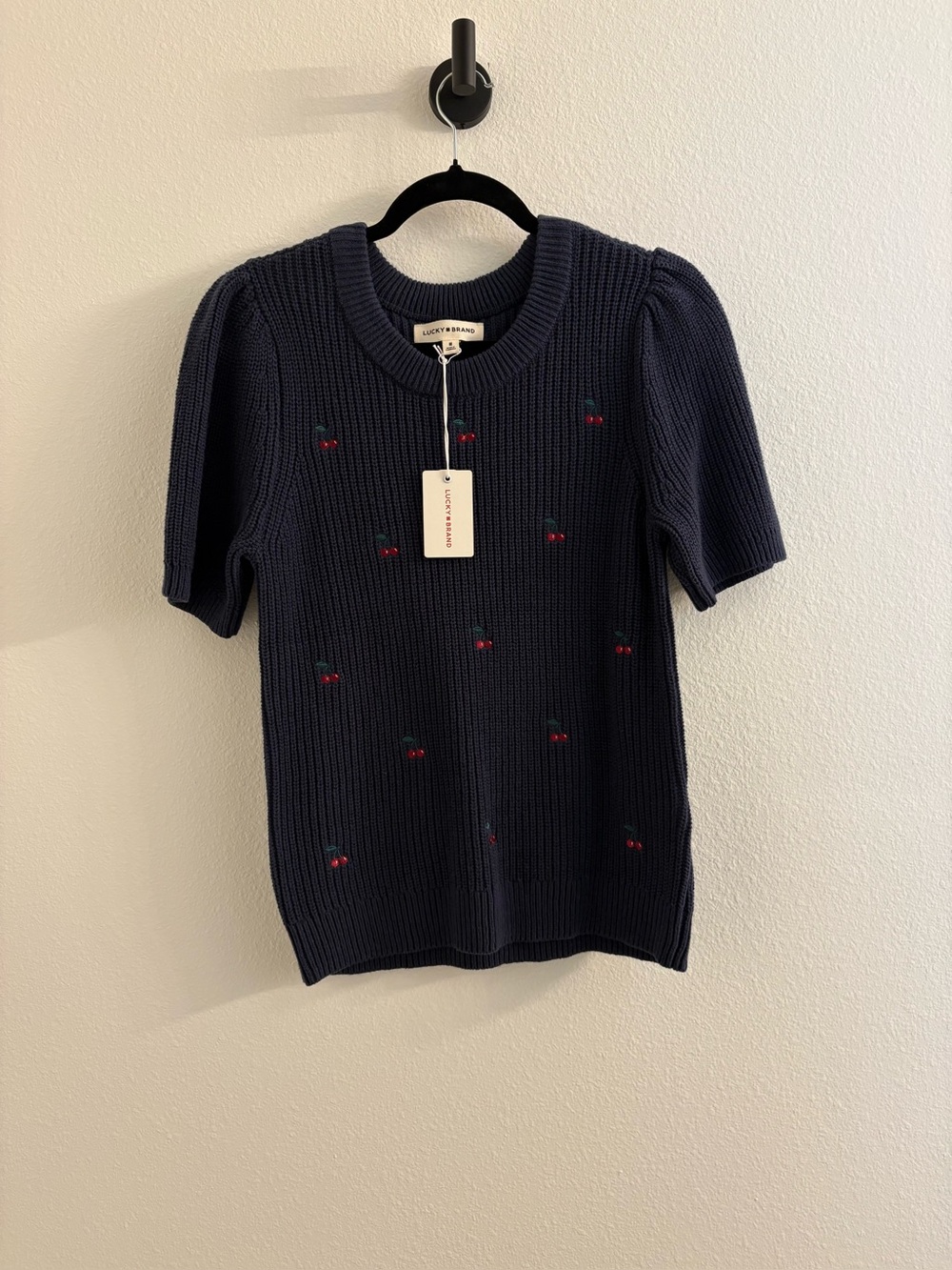 NWT Lucky Brand Navy Sweater with Cherry Embroidery - Picture 1 of 3